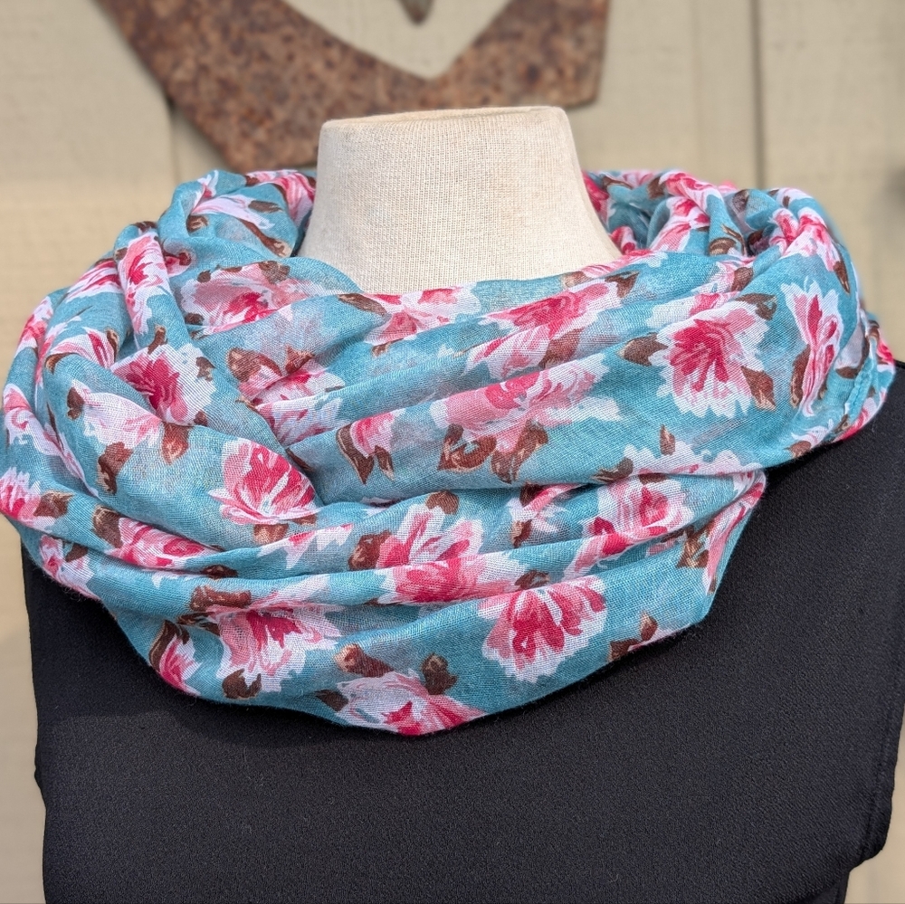 Aqua & Pink Soft Floral Infinity Scarf